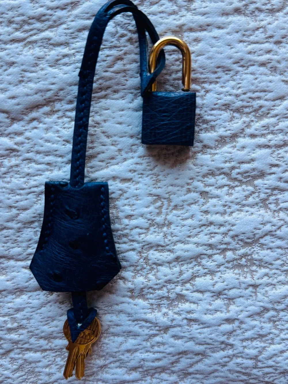 Hermes B 25 Ostrich Navy Leather Key Holder with Gold Padlock no scratches